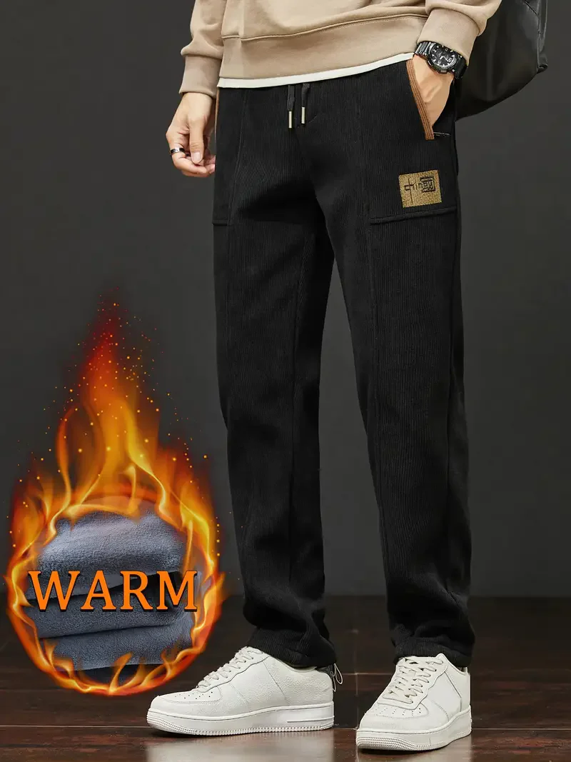 Winter Thickened Fleece Men\'s Pants Warm Casual Embroidery Letter Fleece Liner Thick Trousers Outdoor Thermal Warm Sweatpants