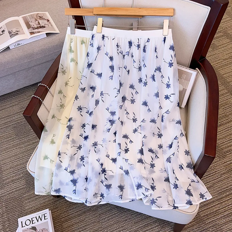 175Kg Plus Size Women Hip 175 Summer Loose A-Line Flower Chiffon Skirt Green Blue 4XL 5XL 6XL 7XL 8XL 9XL