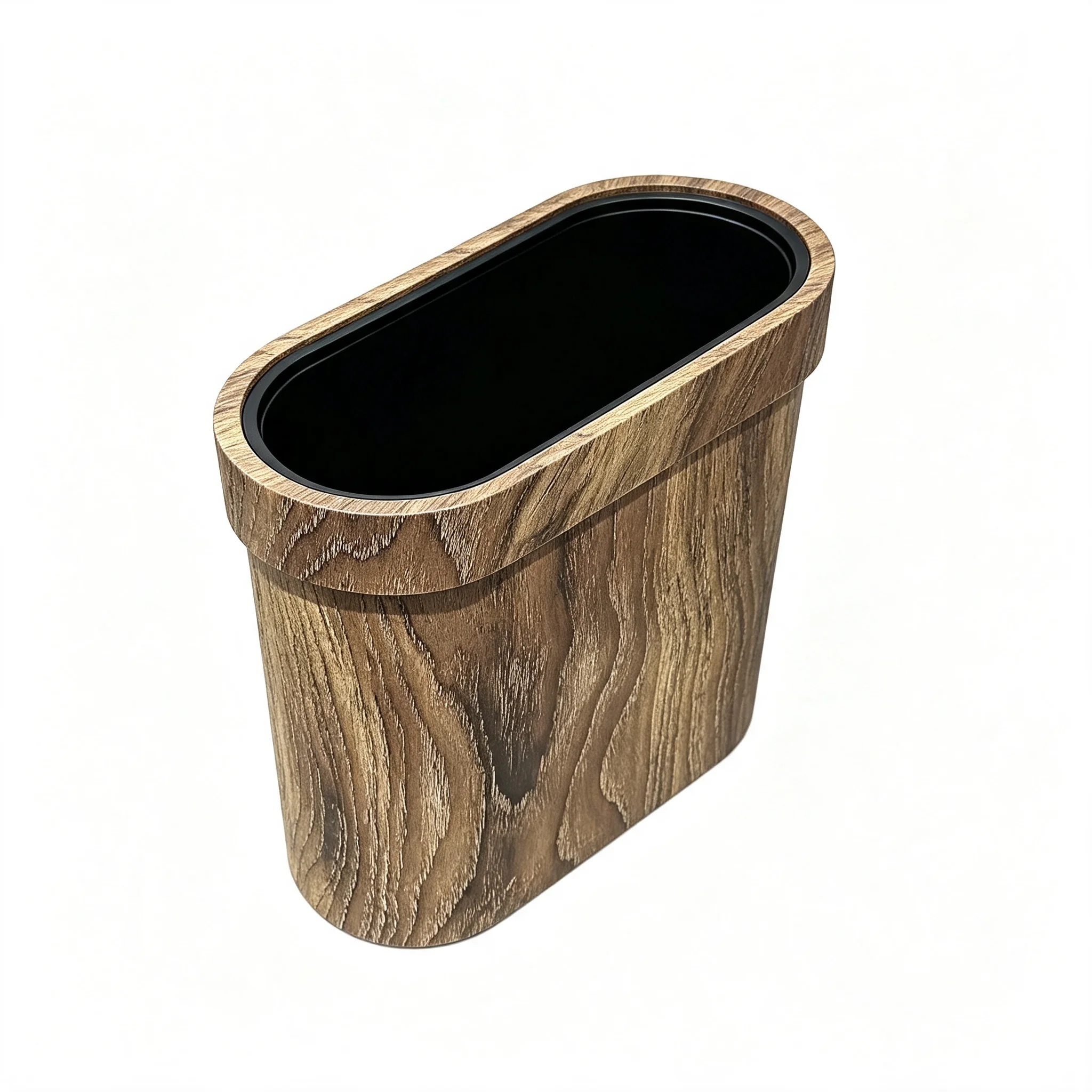 Slim Narrow Gap Wood Grain Plastic Trash Can, Oval Open‑Top Decorative Waste Basket, Skinny Profile Dustbin With Trash Bag Fixing Rim for Bathroom Kitchen Bedroom Apartment