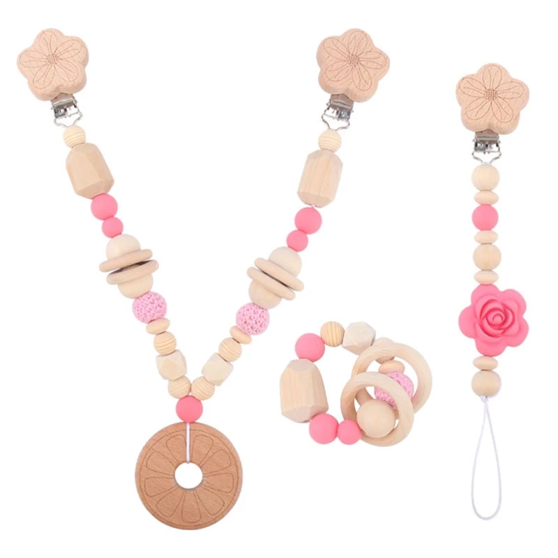 Y1UB Rose Flower Baby Pram Pendant Rattle Pacifier Chain Clip Wooden Beads Bracelet Bed Mobile Infants Rattles