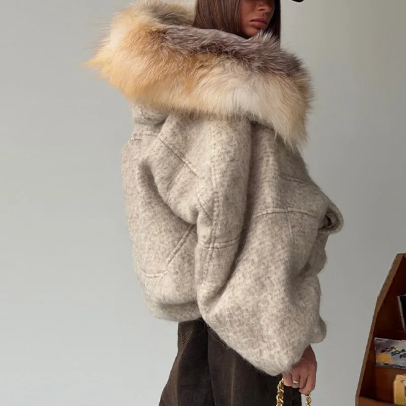 المرأة الفراء الاصطناعي طوق بأكمام طويلة سترة دافئة خمر شارع العليا موضة معطف كبير الحجم 2025 جديد الخريف الشتاء ملابس خارجية