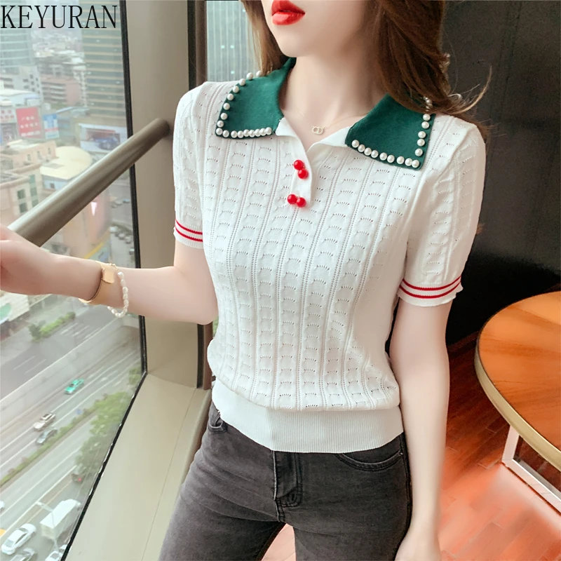 2024 Spring Summer Pearls Beading Hollow Jacquard Thin Knitted Pullover Sweater Women\'s Turn-down Collar Ins T-shirts Jumpers