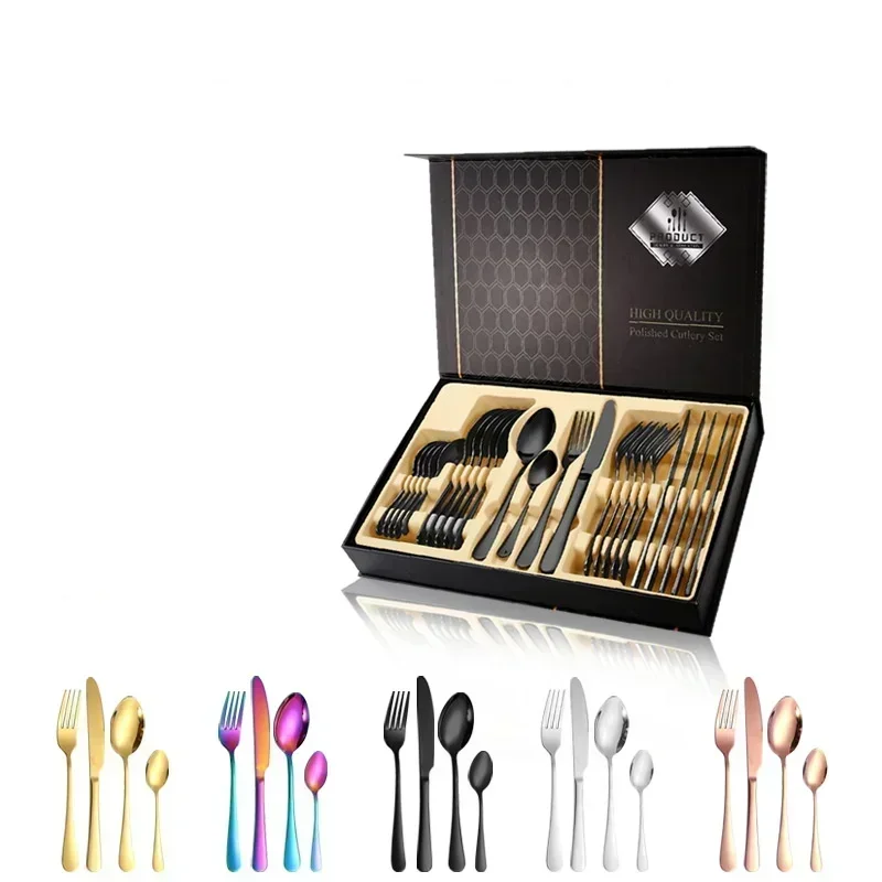 24Pcs Gold Cutlery Specular Light Stainless Steel Steak Knife Fork Spoon Teaspoon Upscale Restaurant Cutlery Set With Gift Box