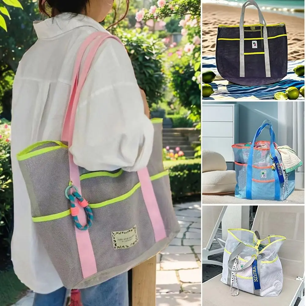 

Прозрачная сетчатая пляжная сумка, складная конструкция, портативная сумка на плечо, модная ручная сетчатая сумка большой вместимости для активного отдыха