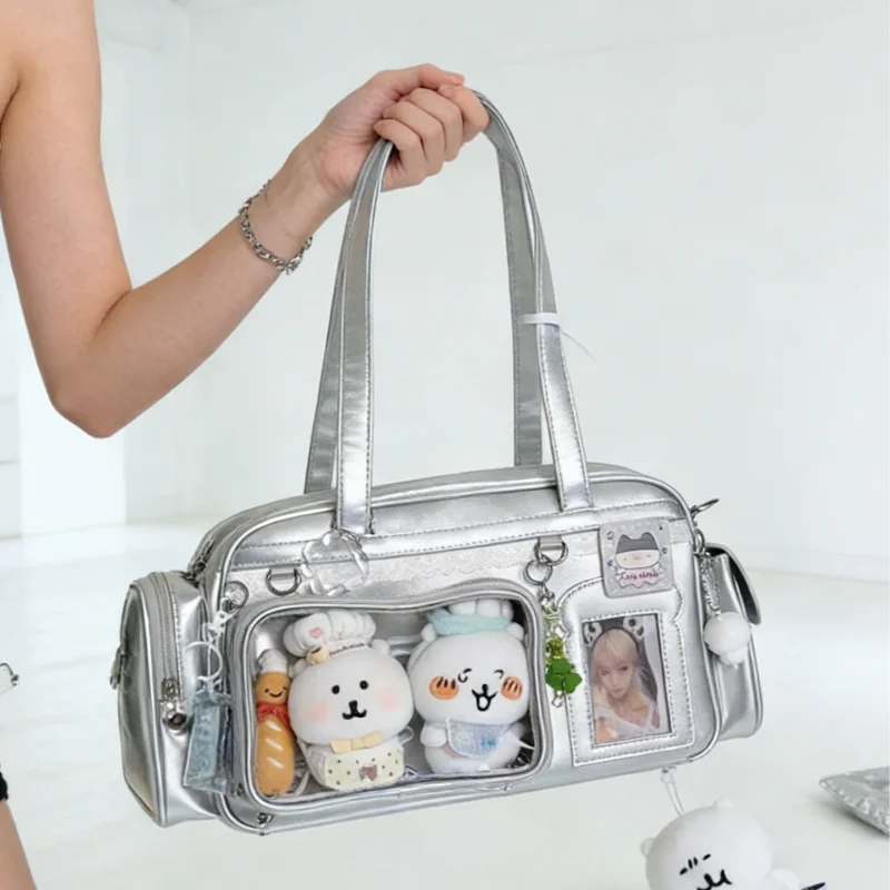 

Корейская сумка-ита для фанаток на концертах: прозрачный слой, отделка кружевом, сумка через плечо, двойные боковые карманы, ручки с молниями в форме сердца