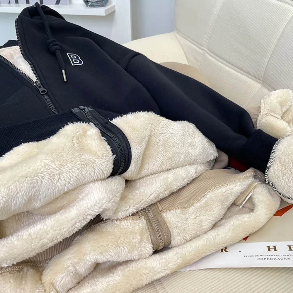 Thickened sweater fleece hooded lambskin hoodie for women in autumn and winter new loose and warm long sleeved coat