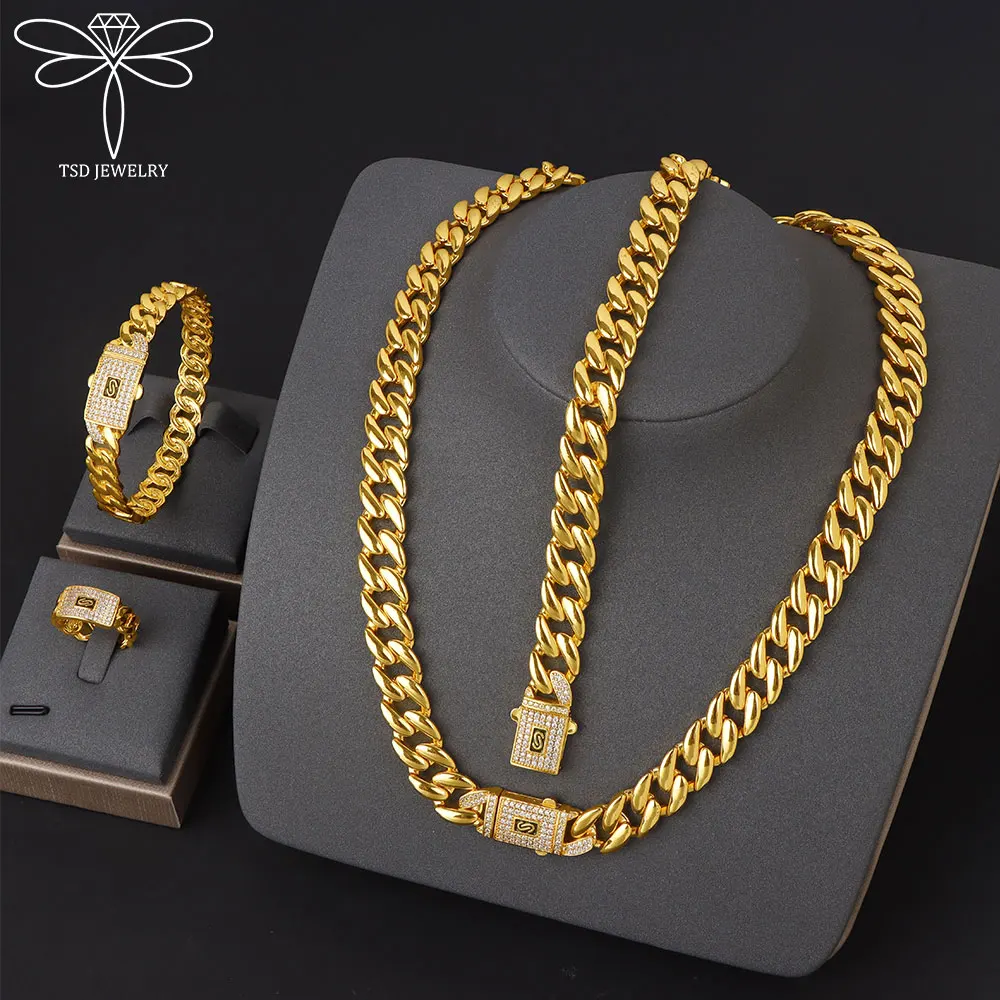Luxuriöses Zirkonia Monaco Schmuckset 21k Vergoldet Italienischer Hip-Hop Kubanische Halskette Armband Ring Ohrringe Damen Punk Schmuck – Detail 2