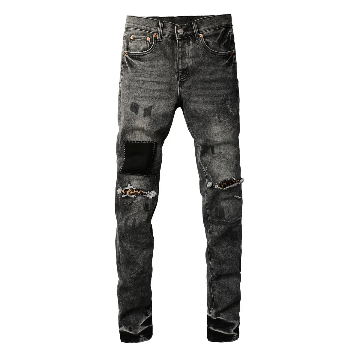 

Men's High men Jeans Streetwear Distressed Gray Stretch Skinny Destroyed Holes Patchwork Ripped Jeans