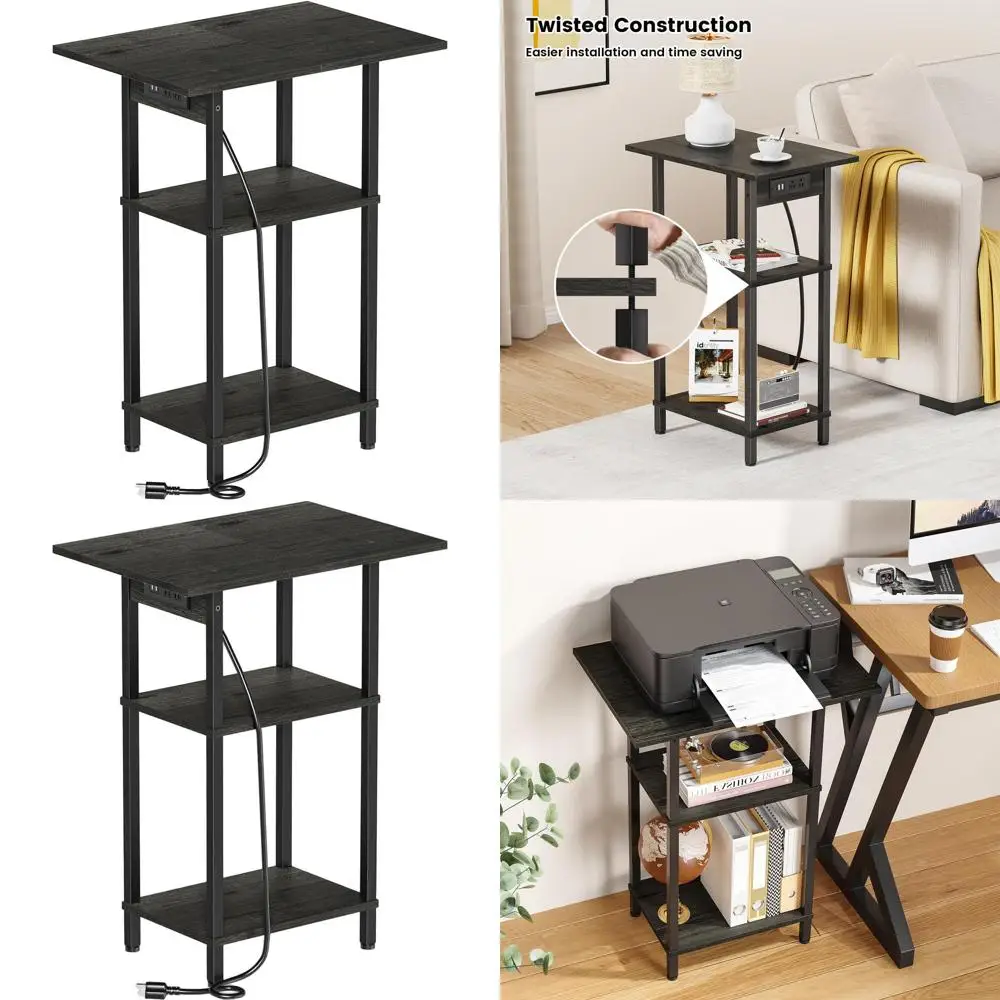 

Slim Nightstand with Charging & Outlets, 3-Tier Storage Side Table, Carbon Gray for Bedrooms, Living Rooms, Offices