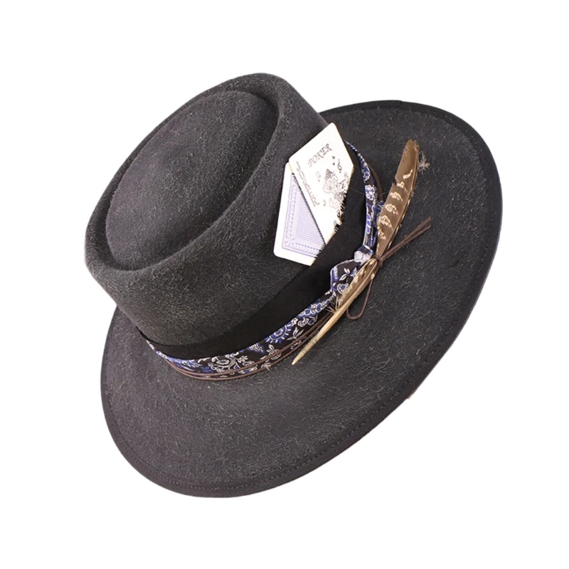 Homburg Top Hat with Exotic Belt Victorian Age Wool Top Hat Classical Porkpie Hat for Boy Men Adults Wool