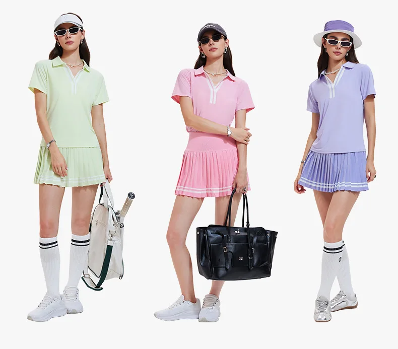 Zweiteiliger Tennis-Sportanzug für Damen, Kurzarm-Oberteil mit Polokragen und Faltenrock-Set, Schnelltrocknende Golf-Sportbekleidung aus Acryl-Spandex, Fitness-Sportset – Detail 4