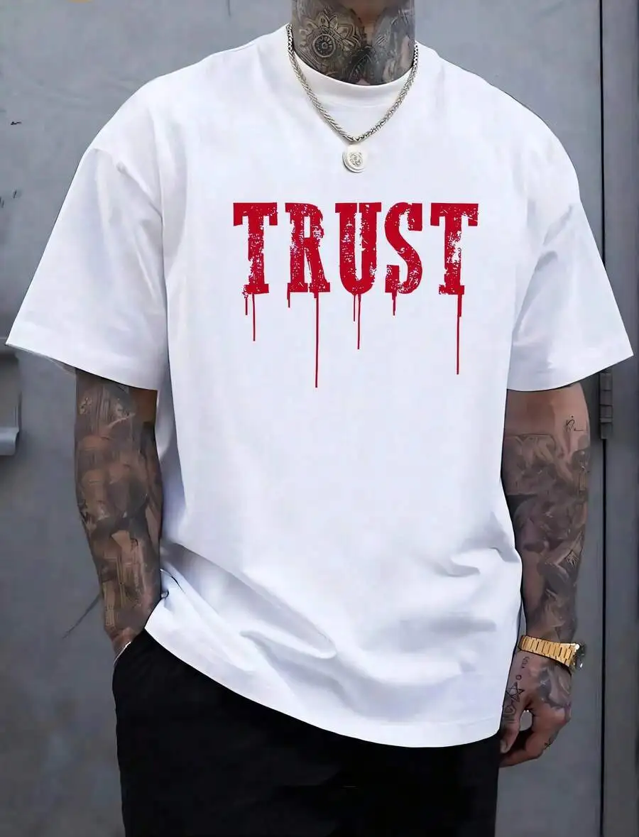 1pc Man S' Red Trust Letter Print Black TShirt Crew Neck Casual Cotton Tee Medium Stretch Knit Fabric Regular Fit For Boys Man P
