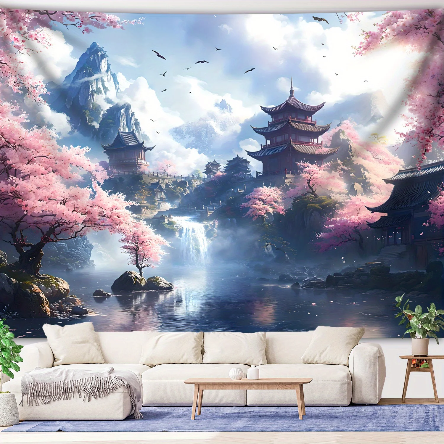 Asian Landscape Cherry Blossom Tapestry Japanese Garden Waterfall Mountain Scenery Wall Art for Zen Meditation Yoga Studio Calm