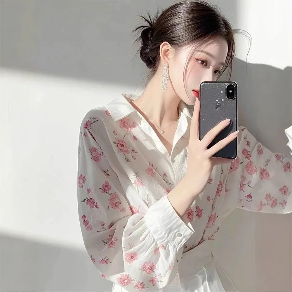 BOWEYLUN wiosna nowy różowy nadruk na co dzień z długim rękawem koszula damska francuski kołnierzyk polo bluzka sweter damski