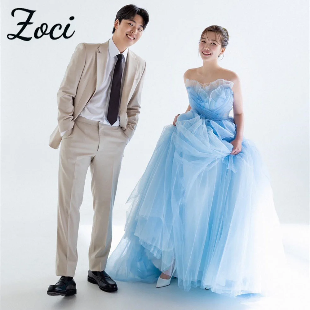 

Zoci Blue Elegant Wedding Dresses Fairy Tulle Strapless Evening Dress Princess A-line Photos Shoot Customized Bride Party Gown