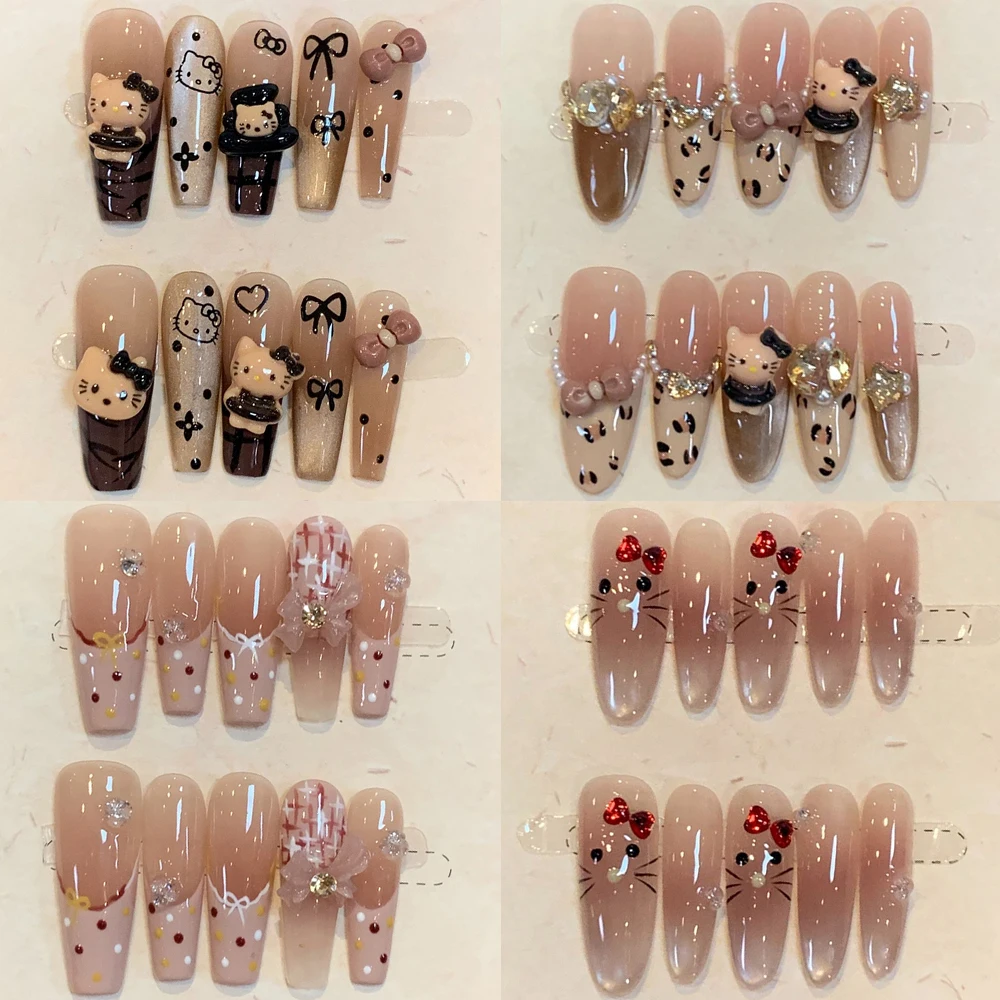 High Quality Kawaii Cartoon French Long Coffin Ellipse Stiletto Fake Nail Sanrio Hello Kitty Leopard Print Diamond Manicure Gift