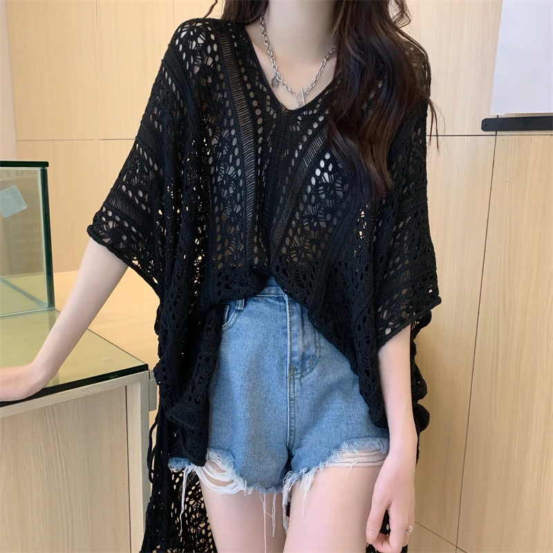 Summer Spring Sun Protection Clothing Casual Loose V-neck Sexy Hollowed Out Knit Shirt for Women Short Sleeve Unique Tops 26910