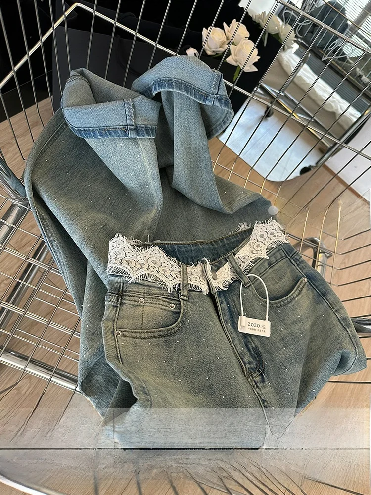하이웨이스트 스트레이트 레그 다이아몬드 장식 레이스 허리 데님 청바지 여성용 가을 겨울 루즈핏 바닥 길이 바지