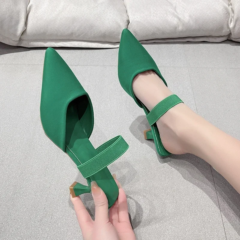 Elegant Women High Heels 2024 Fashion Pointed Toe Ladies Mid Heel Slipper Pumps Women Mules Plus Size Purple Women Shoes