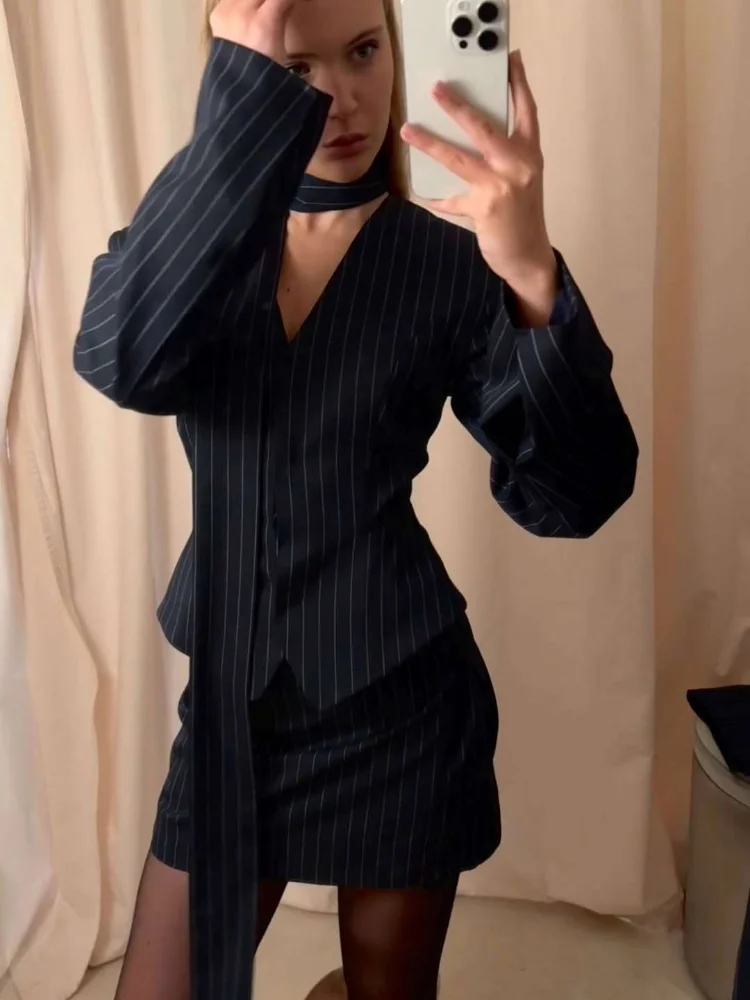 

3 Piece Dress Set Women Elegant V-neck Striped Ribbon Blazer Slim Short Dress Set Fashion Luxury Women Party Dress Set