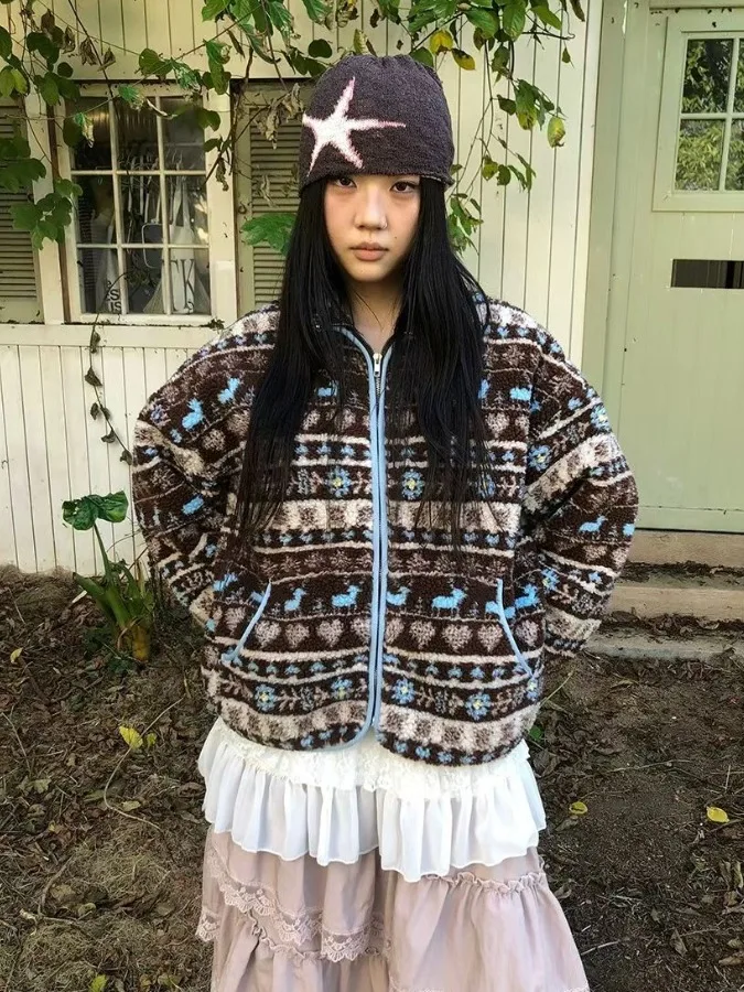 Retro fair isle bordado lapela cor blo pele de cordeiro jaet feminino inverno aosphere solto preguiçoso sle casaco de algodão na moda