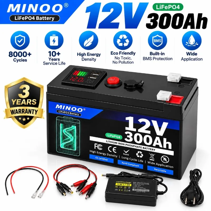 LiFePO4 12V 300AH 12V 300AH Battery Free Charger 12V Lithium Battery Built-In 300A BMS 8000+ Cycle For Solar RV Marine Energy