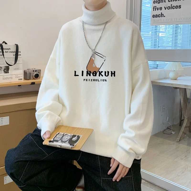 

Удобный мужской свитер с высоким воротом, повседневный, свободного кроя, весенне-осенний, модный, в корейском стиле, с буквенным принтом