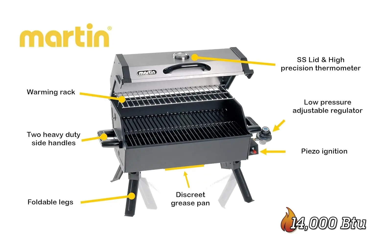 MARTIN Portable Propane Bbq Gas Grill 14,000 Btu Porcelain Grid with Support Legs and Grease Pan