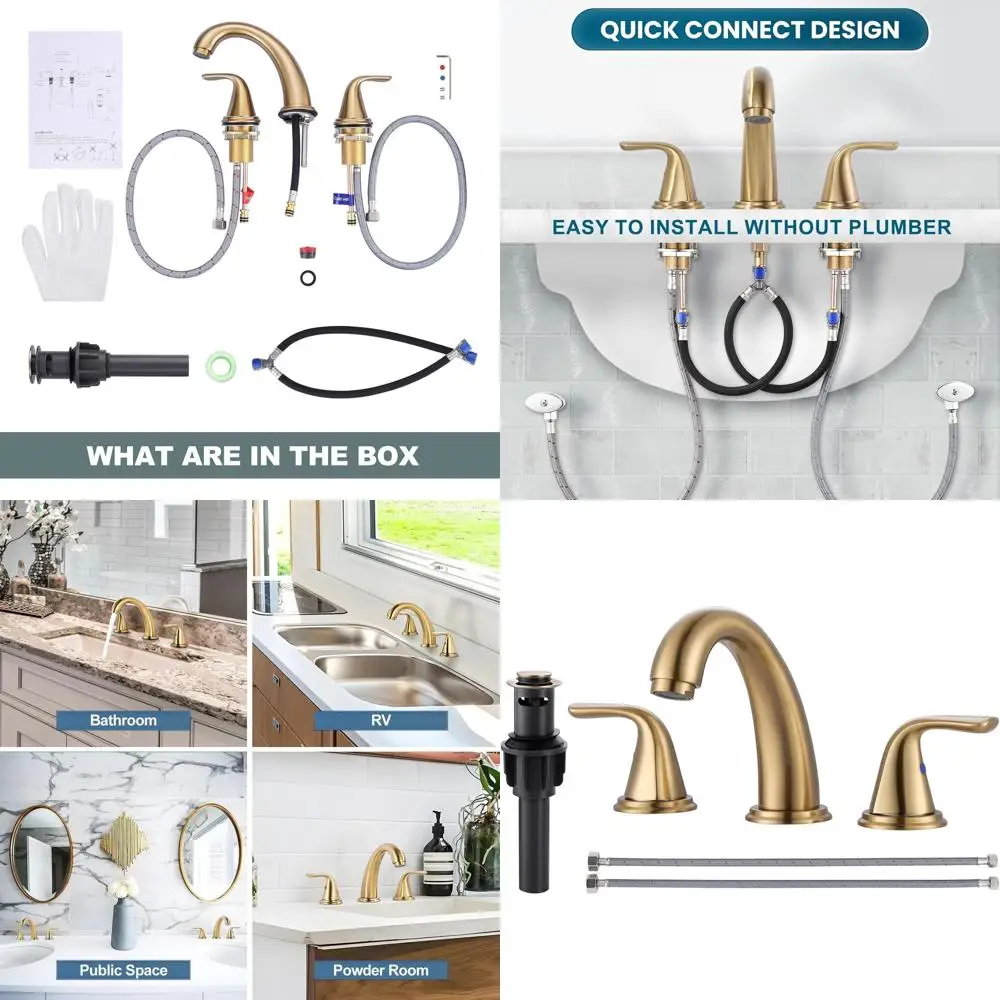 

Позолоченный смеситель для раковины с 3 отверстиями, сливным клапаном Pop-Up и шлангом из нержавеющей стали 304 без содержания свинца