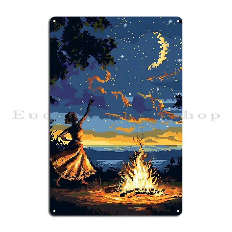 A Woman Dancing In Front Of A Fire Pixel Art Metal Plaque Club Garage Wall Decor Customize Kitchen Tin Sign Poster