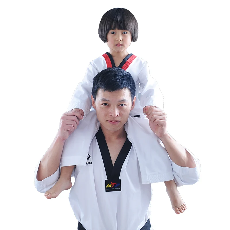 Hot Sale Taekwondo Uniform Traditional White Suite for Kids Adult Student Tae Kwon Do Dobok WTF Approved Black V-Neck Uniforms