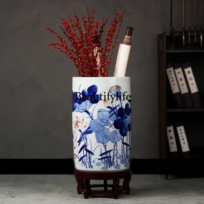 A95 Jingdezhen Ceramic Blue and White Flat Roll Storage Bucket Floor Decorative Vase Ornament