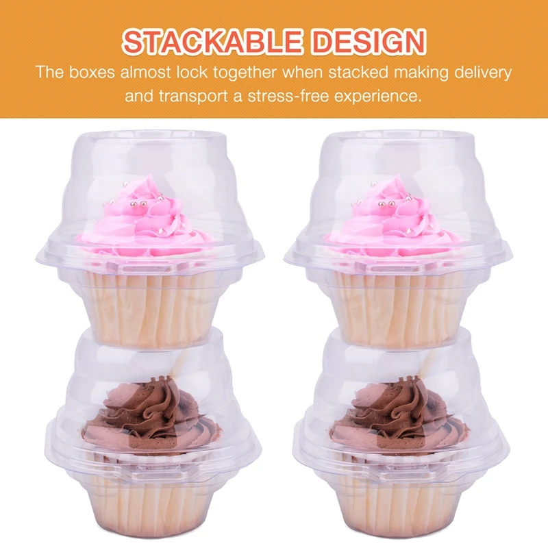 100 Pack Individual Cupcake Container Single Compartment Cupcake Carrier Holder Box Stackable Cake Cases Clear Plastic