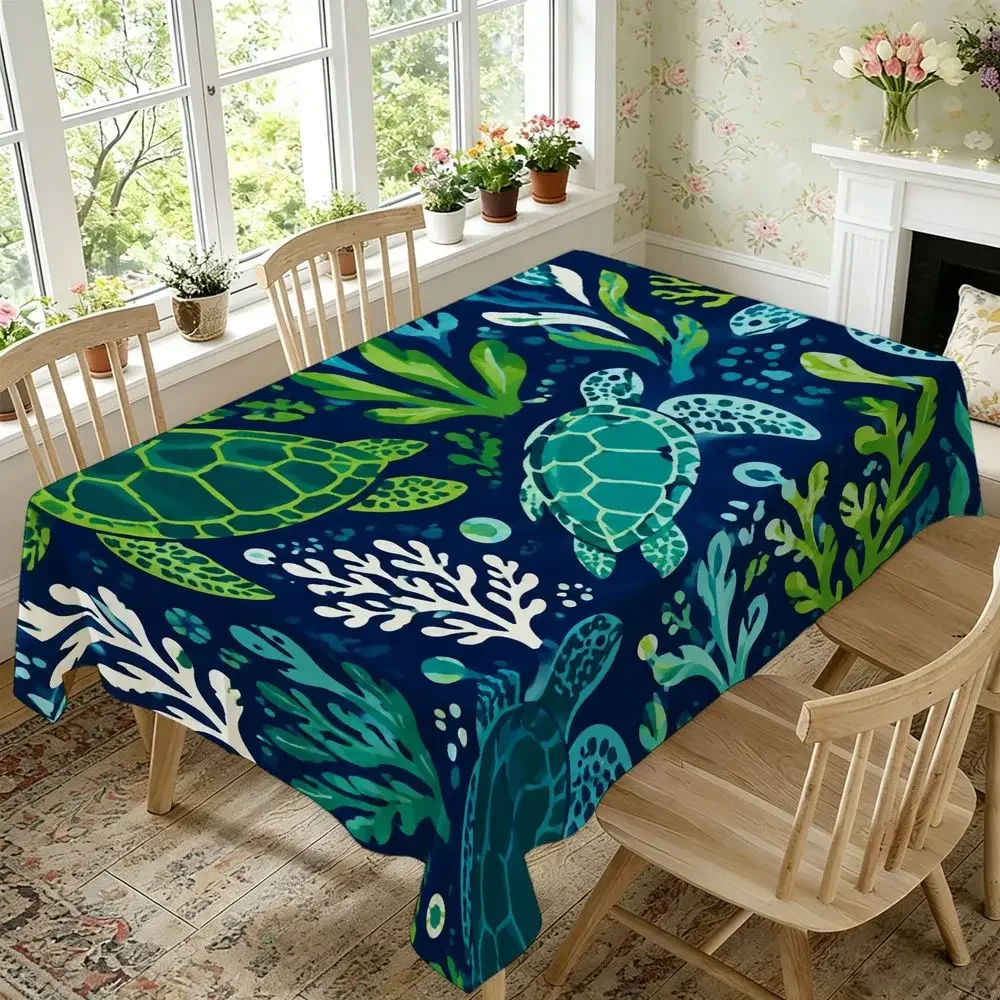 Marine Life Tablecloth - Vibrant sea turtle and coral reef print, dark blue ocean theme, yzb