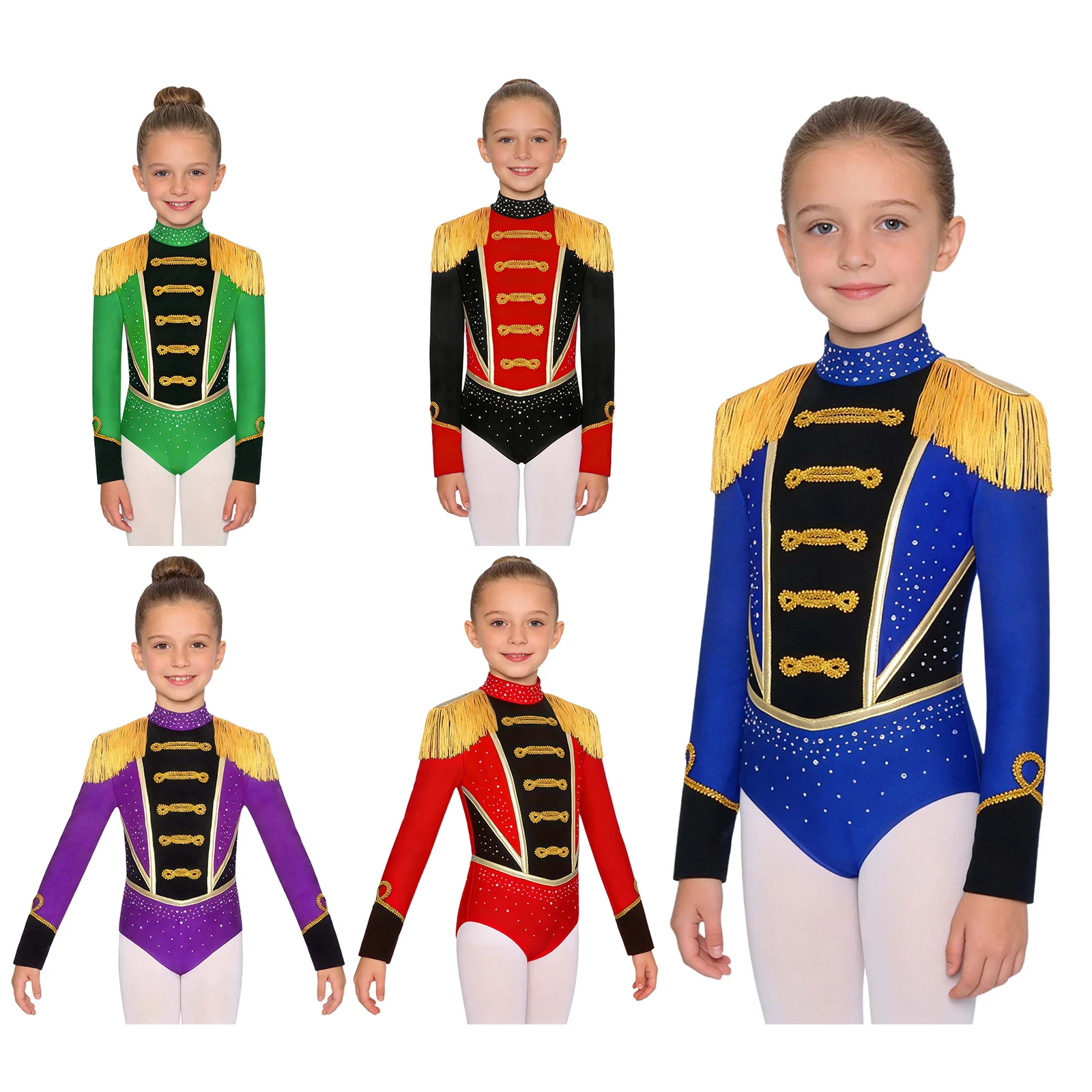 Kids Girls Halloween Circus Ringmaster Costume Shiny Rhinestones Long Sleeve Fringed Jumpsuit Ballet Dance Gymnastics Leotard