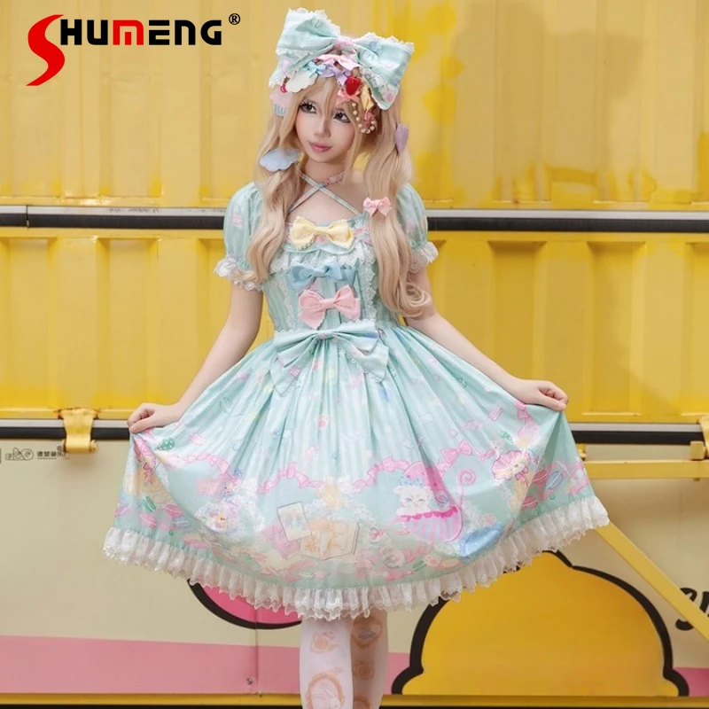

Japanese Soft Girls Lolita Short Sleeve Dress OP Girl's Cute Bow Print Lace Halter Dress OP Christmas Lolita Princess Dresses
