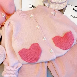 Girls' Cardigan Sweater Jacket 2024 Autumn Korean Version Children's Love Patchwork Sweet Baby Kids Coat Pink Knit Sweater