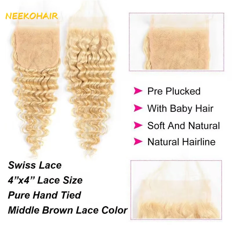 613 Blonde Deep Wave Bundles With 4x4 Closure Weave Remy Brazilian Human Hair 613 Honey Blonde Curly 3 Bundles With 13X4 Frontal