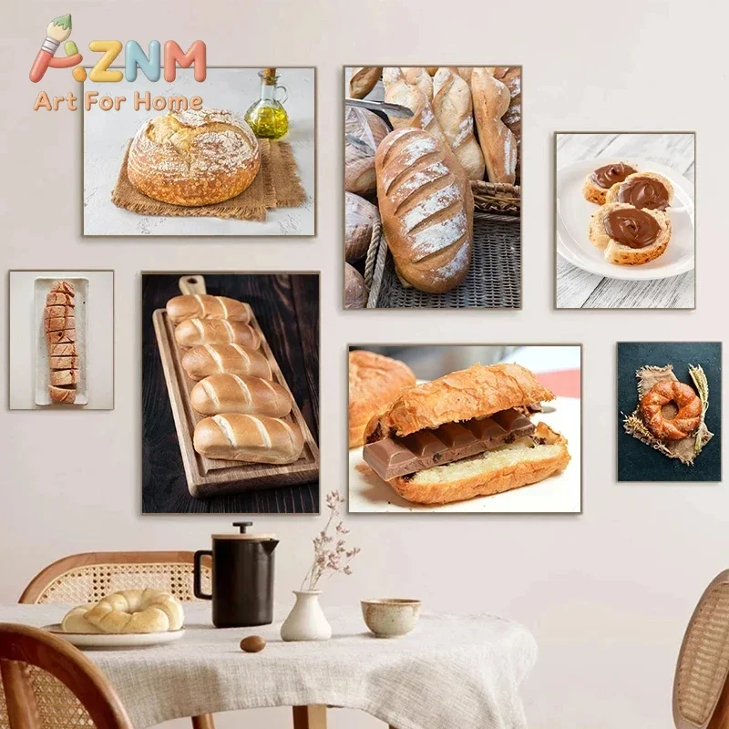AZNM Delicious Bread Food Canvas Wall Art Fresh Baguette Pastry Realistic Kitchen Art Print Unframed Canvas Poster for Dining Ro