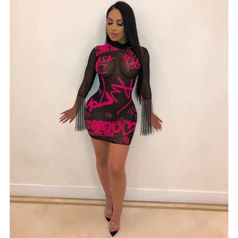 Night Club Party Sexy Dress Women Long Sleeve Tassel Letter Print Fashion Bodycon Dress Mini Elegant Black Mesh Sheer Dress