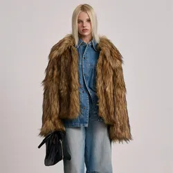 Winter Brown Gradient Long Hairy Shaggy Raccoon Faux Fur Coat Full sleeve Furry Women Big Lapel Furry Loose Outerwear