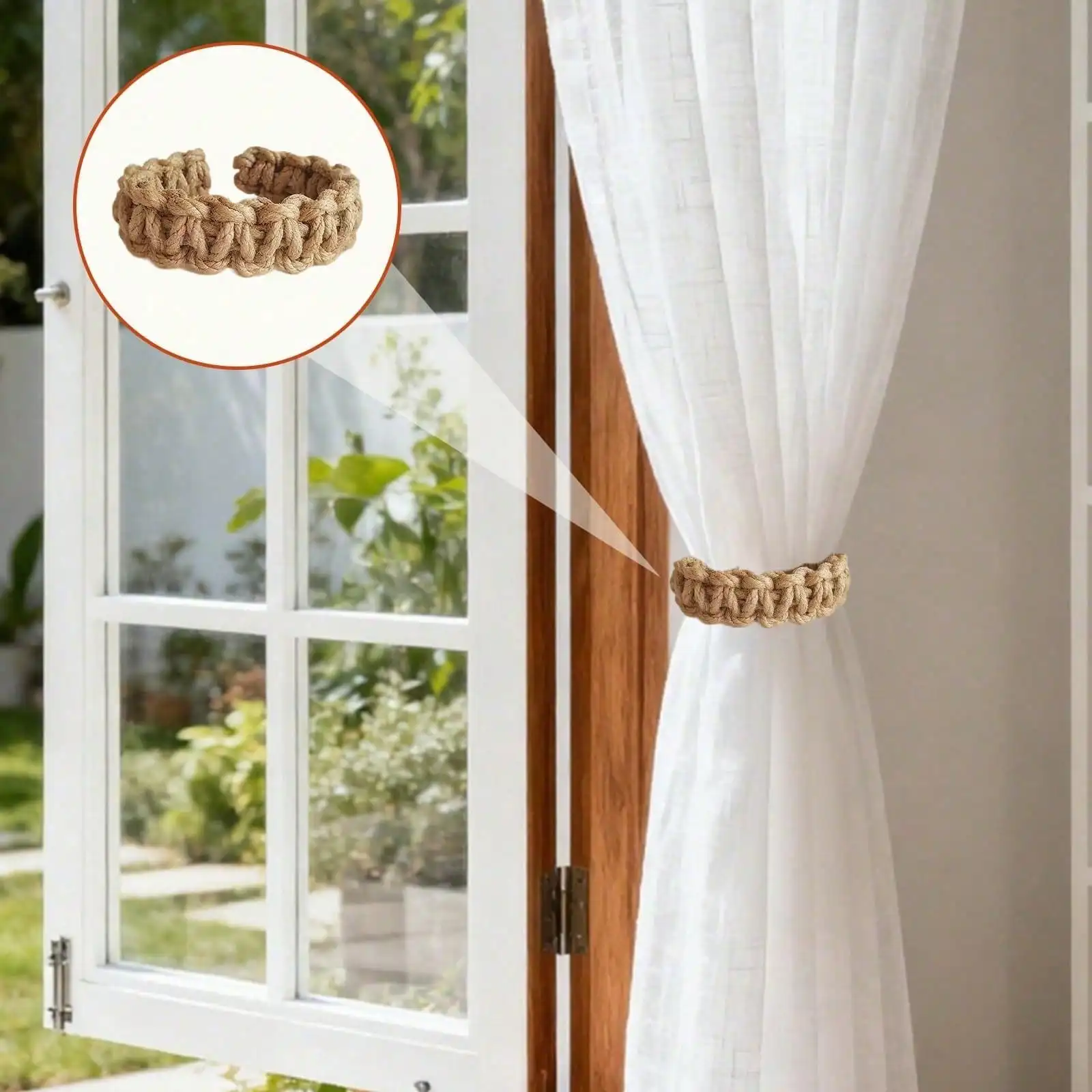 No Drill Hand Braided Curtain Holders Rustic Handmade Woven Rope Curtain Tiebacks Multi Purpose Decorative Drapery Clips For Indoor Outdoor Patio Home Living Room Bedroom