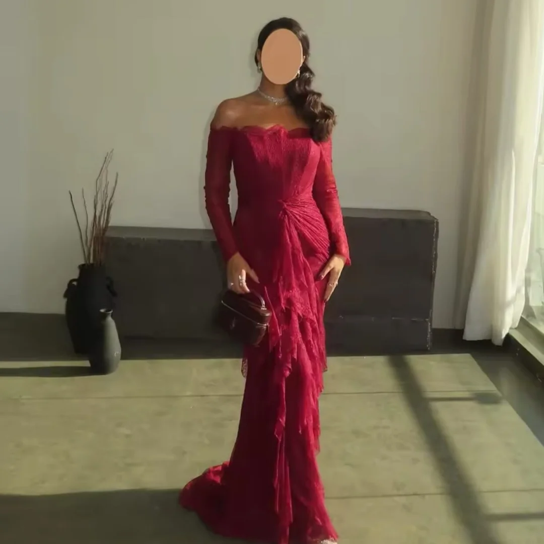 سانسا مخصص قبالة الكتف طويلة الأكمام فساتين لحضور الحفلات الموسيقية الدانتيل حورية البحر فساتين للمناسبات الخاصة الطابق طول vestidos de festa