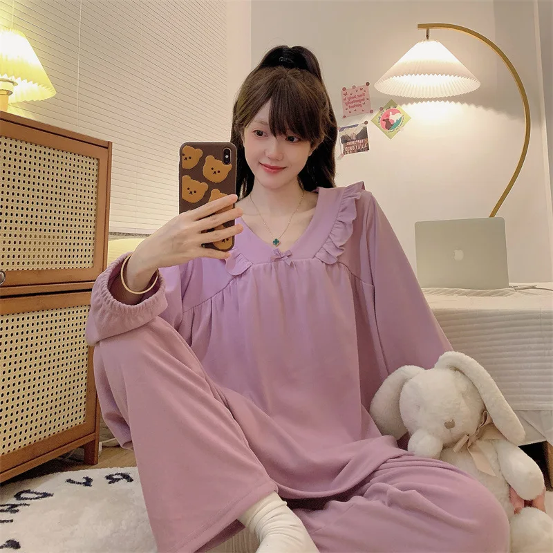 

Plus Size German Velvet Pajamas Set Women Winter Thickened Warm Loungewear Korean Solid Ruffle Home Clothes Two Piece Set Outfit