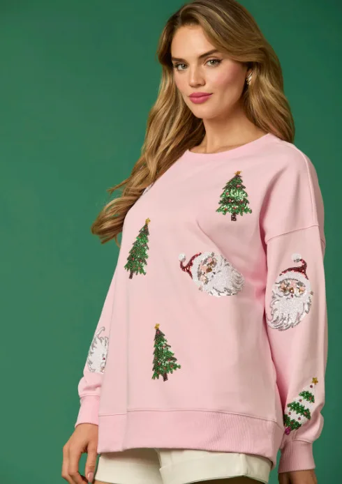 BKLD 2025 Autumn And Winter New Women Clothing Round Neck Casual Loose Christmas Sequined Pullovers Sweatshirts Long Sleeve Tops