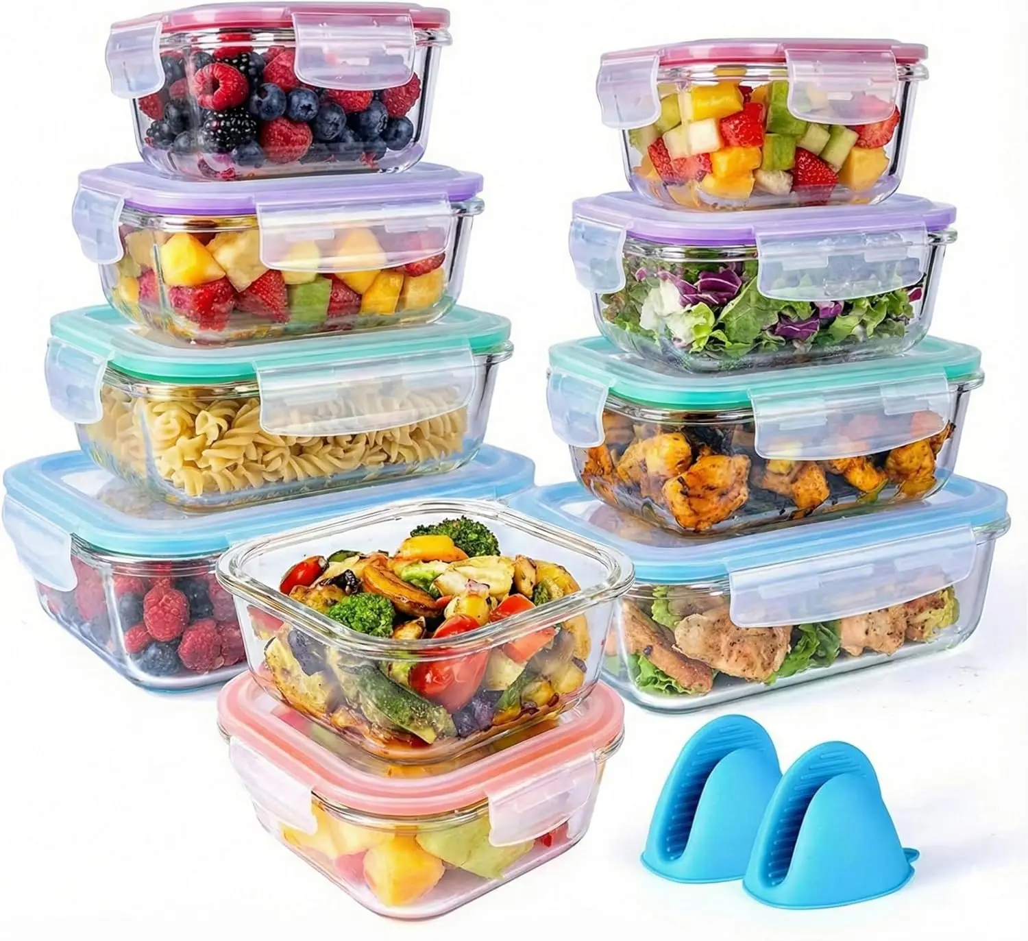 

20 Pc Glass Food Storage Containers with Snap Lock Lids, Airtight & Leakproof, Bonus 2 Oven Silicone Gloves, Safe for D