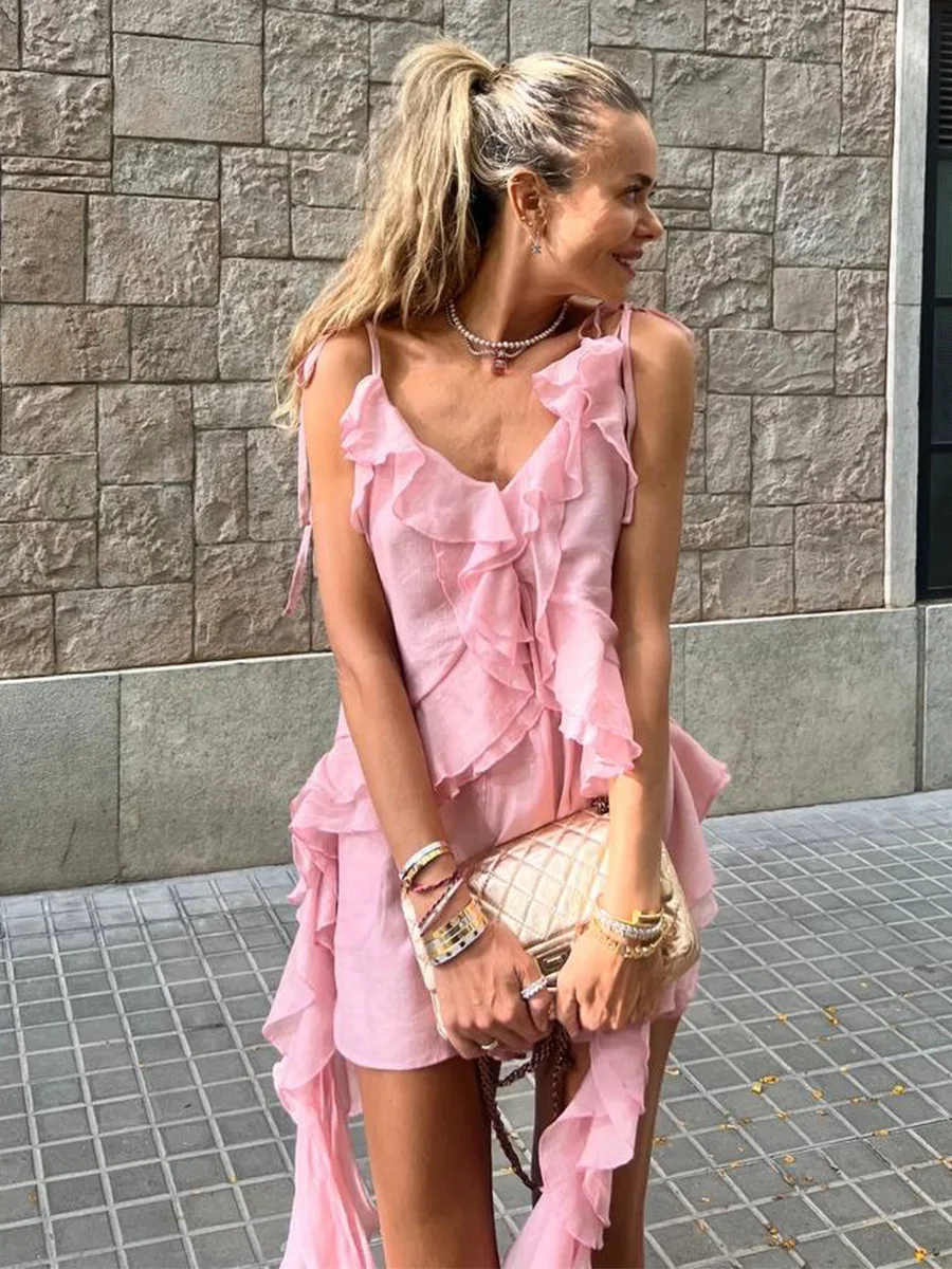 LIinar 2026 Summer Women's V Neck Ruffled Sling Top Flowy Chiffon Fabric Irregular Train Hem Sleeveless Cami Top