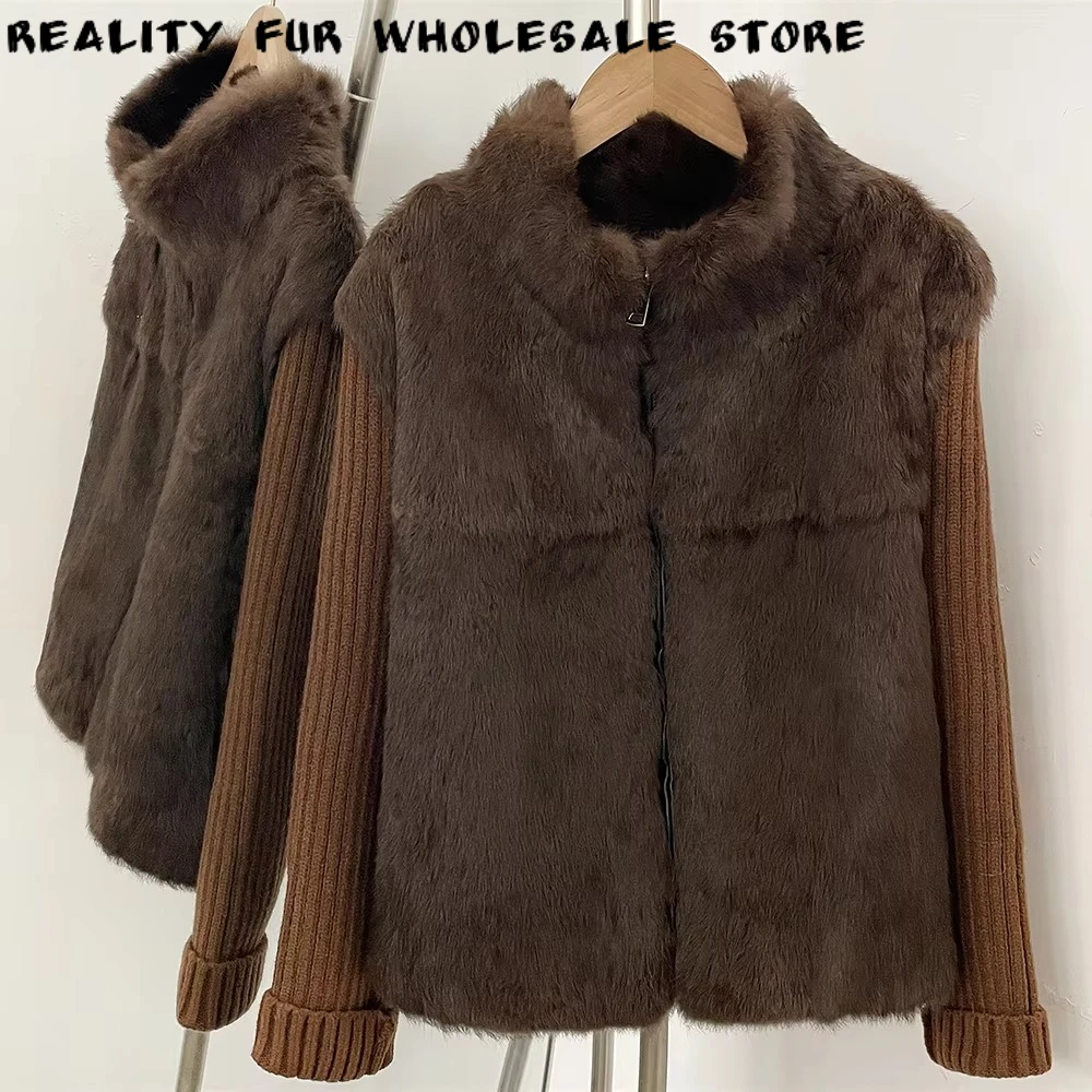 Women's Short Coat with Real Rabbit Fur Collar Elegant Natural Fur Jacket Women Cropped Fur Jacket Ultra Warm Outerwear for Work