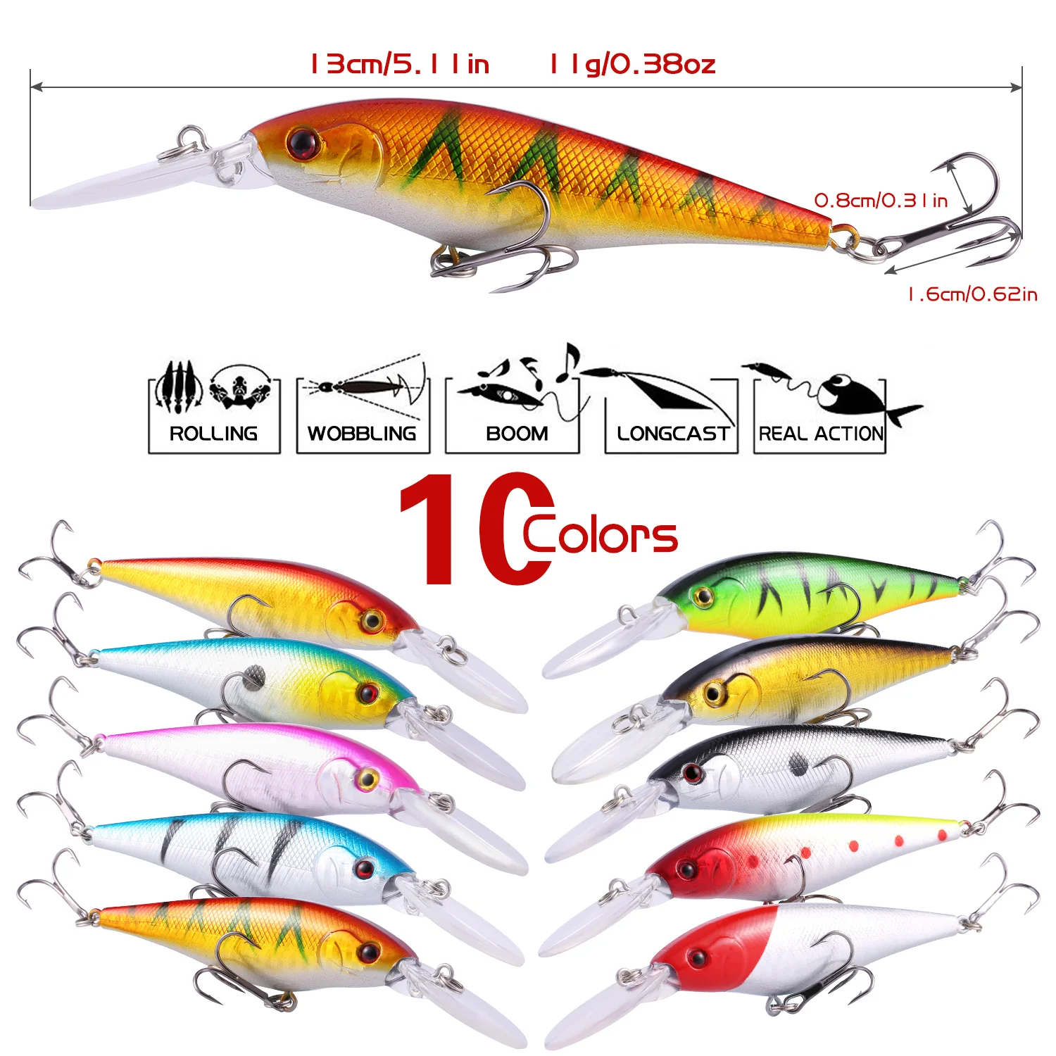Sougayilang Premium Fishing Baits with 3D Fish Eyes High Simulation Fish Scales Treble Hooks Fast-Diving 10 Color Options Lures
