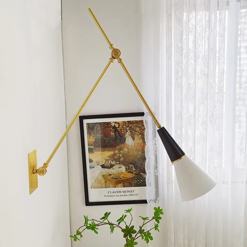 Medieval, designer, folding, adjustable, brass, light luxury, long arm, wall lamp
